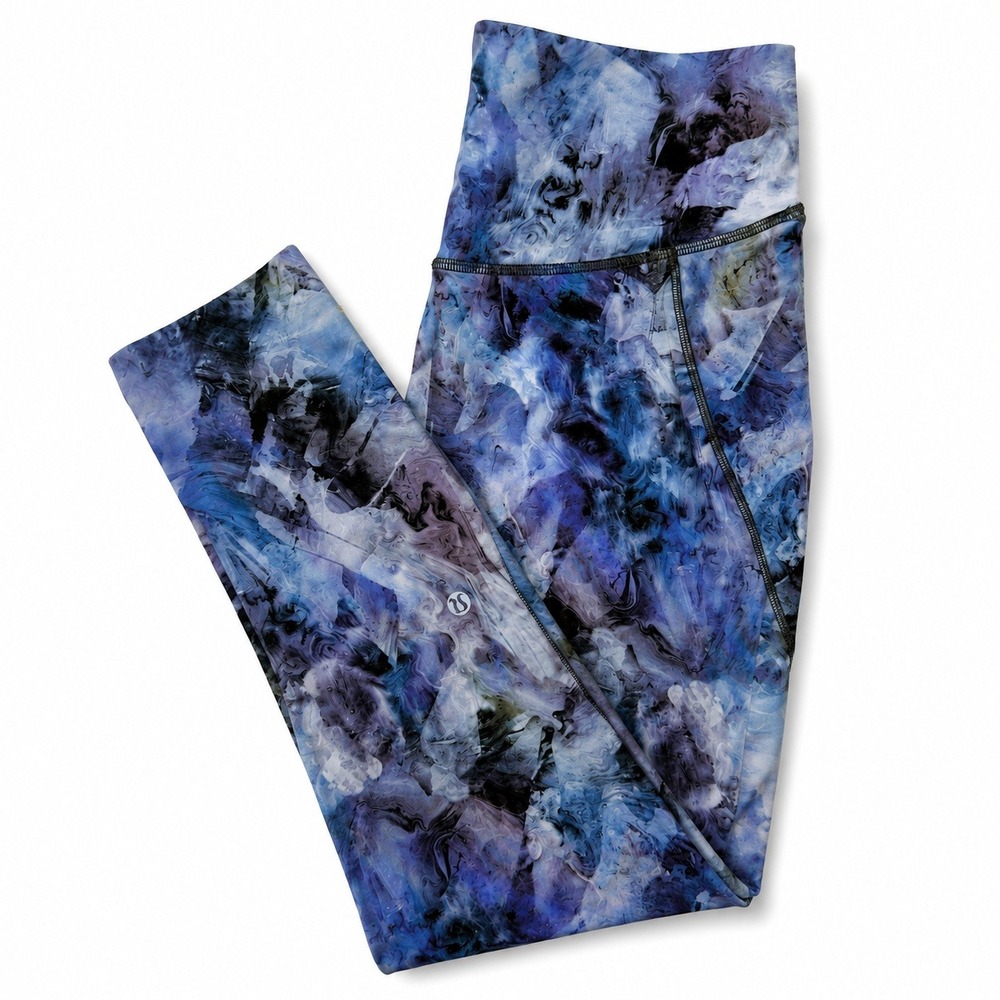 Lululemon Fast Free Crop Leggings Womens 6 Blue Watercolor Nulux Running Pocket